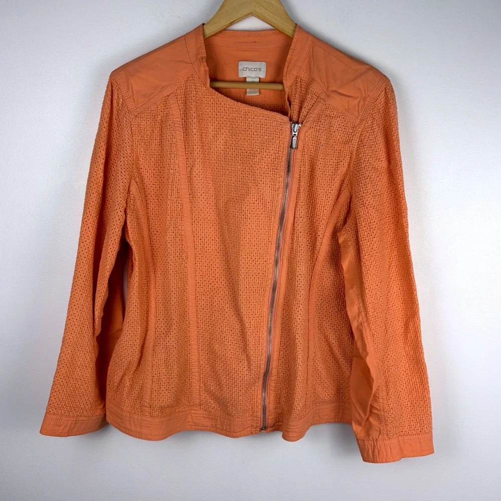 Chico's Women Moto Jacket Sz 3 Peach Woven Knit‎ Asymmetrical Zip Up Lightweight